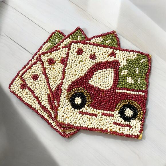 Pier 1 Imports Beaded Coasters Red Truck Christmas Set of 4 Pier 1 Velvet Bag - Picture 1 of 8